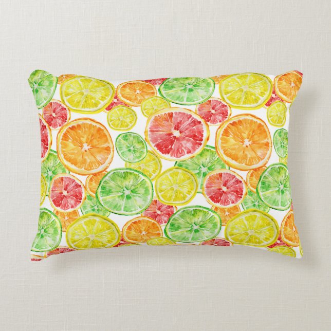 Citrusvruchten: levendige driekleurige waterverf accent kussen (Voorkant)