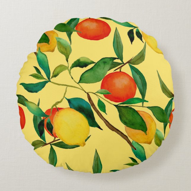 Citrusvruchten, levendige waterverf. rond kussen (Voorkant)