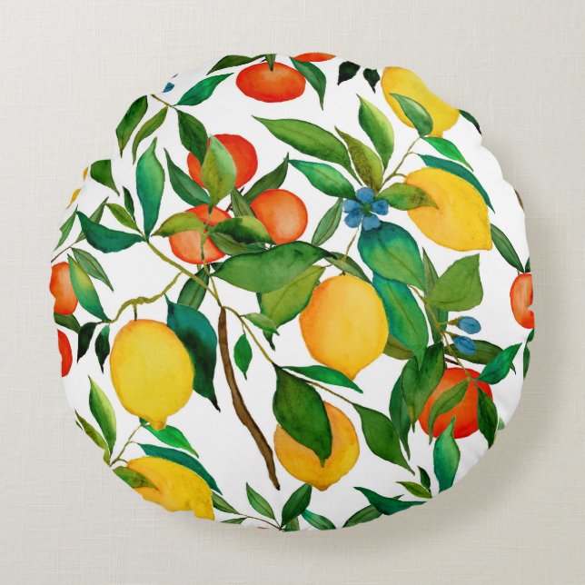 Citrusvruchten, levendige waterverf. rond kussen (Voorkant)