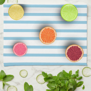 Citrusvruchten op Baby Blauwe Strepen Patroon Theedoek
