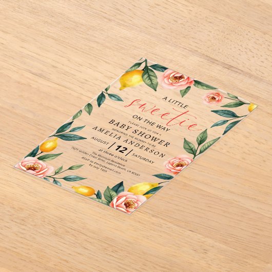 Citrusvruchten Roze Bloemen Zomer Baby shower Acryl Uitnodigingen (Laagn)