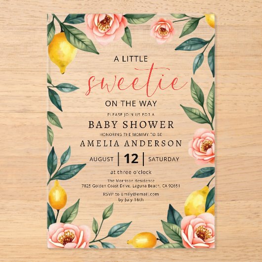 Citrusvruchten Roze Bloemen Zomer Baby shower Acryl Uitnodigingen (Voorkant)