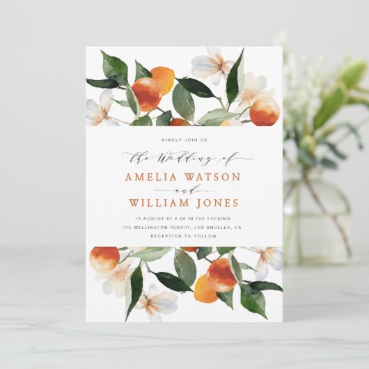 citrusvruchten sinaasappels florale trouwuitnodigi kaart (Staand voorkant)