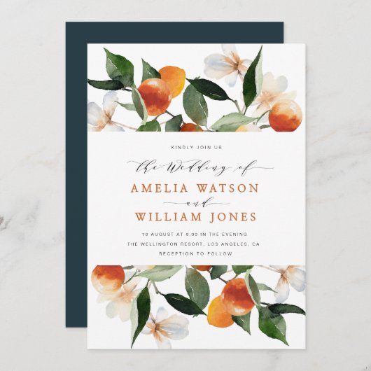 citrusvruchten sinaasappels florale trouwuitnodigi kaart (Voorkant / Achterkant)