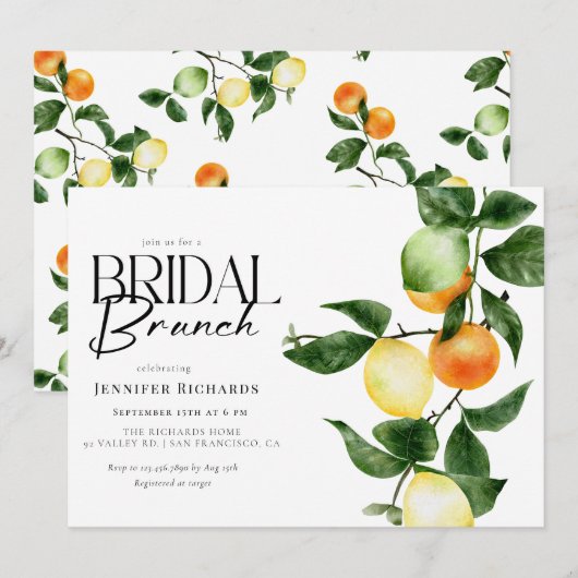 citrusvruchten | Waterverf bruidsbrunch Kaart (Voorkant / Achterkant)