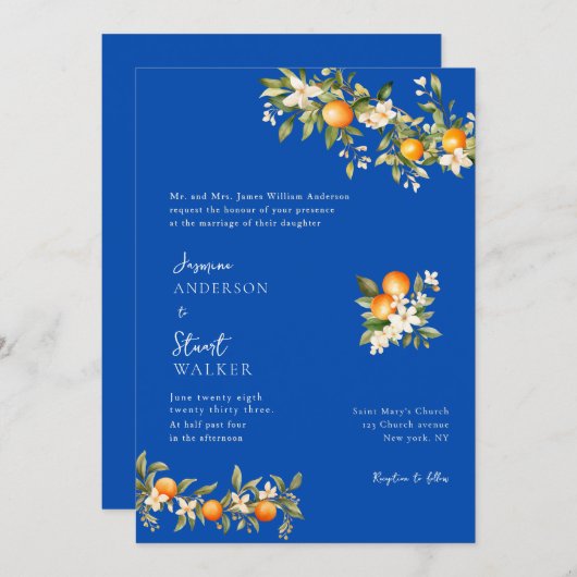 citurs and blue Wedding QR Code Invitation Kaart (Voorkant / Achterkant)