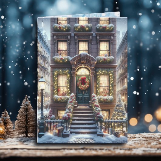 City Brownstone met Kerstmis gepersonaliseerd Feestdagen Kaart