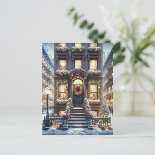 City Brownstone met Kerstmis gepersonaliseerd Feestdagenkaart (Staand voorkant)