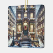 City Brownstone tijdens de kerstdagen Keramisch Ornament (Links)
