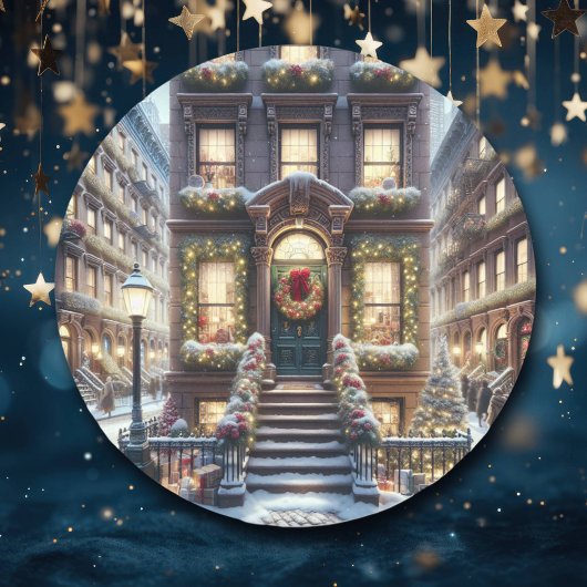 City Brownstone tijdens de kerstdagen Ronde Sticker