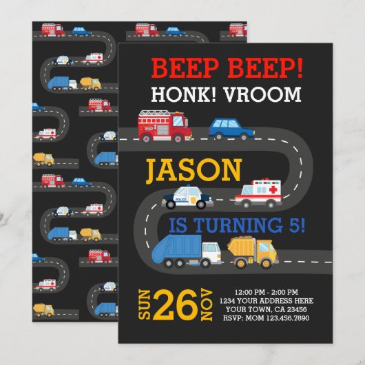 City Cars Uitnodiging, 100% aanpasbaar Kaart (Voorkant / Achterkant)