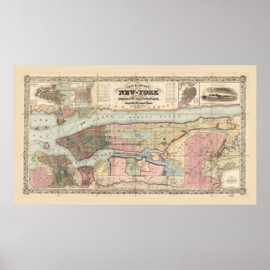 City & County Map of New York (1857) Poster (Voorkant)