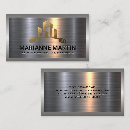 City Fork Spoon Logo | Metaal aluminiumzilver Visitekaartje (Voorkant / Achterkant)