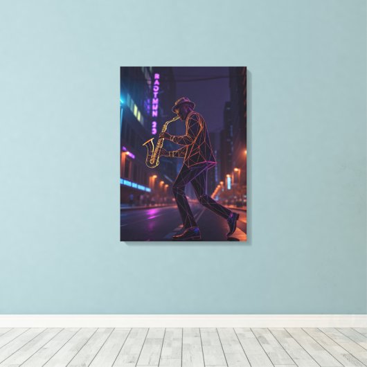 City Jazz Night Abstract Saxophonist  Canvas Afdruk (Insitu (Houten vloer))