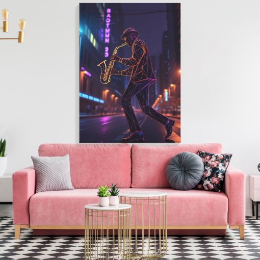 City Jazz Night Abstract Saxophonist  Canvas Afdruk (Insitu (Woonkamer))