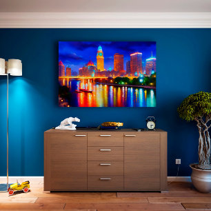 city neon river skyscraper bright colorful art poster