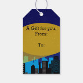 City Night Skyline Superheld Boys Birthday Party Cadeaulabel (Achterkant)