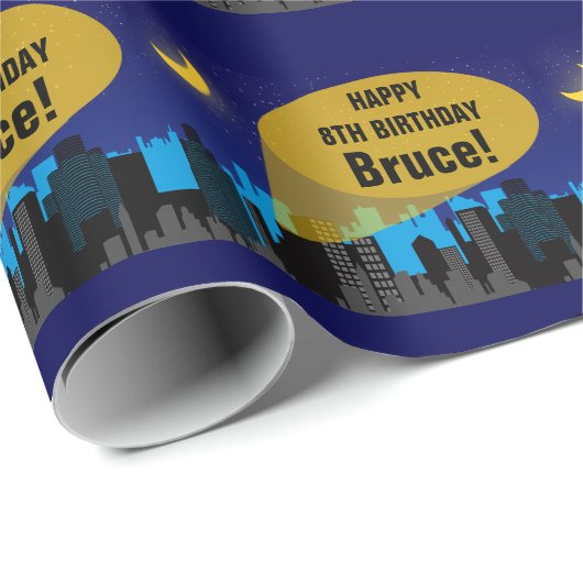 City Night Skyline Superheld Boys Birthday Party Cadeaupapier (Rol Hoek)
