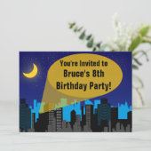 City Night Skyline Superheld Boys Birthday Party Kaart (Staand voorkant)