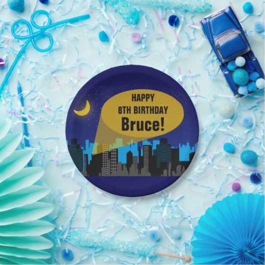 City Night Skyline Superheld Boys Birthday Party Papieren Bordje (Feest)