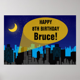 City Night Skyline Superheld Boys Birthday Party Poster