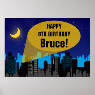 City Night Skyline Superheld Boys Birthday Party Poster