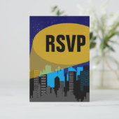 City Night Skyline Superheld Boys Birthday Party RSVP Kaartje (Staand voorkant)