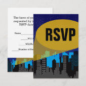 City Night Skyline Superheld Boys Birthday Party RSVP Kaartje (Voorkant / Achterkant)