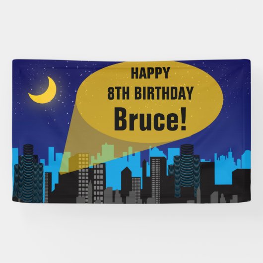 City Night Skyline Superheld Boys Birthday Party Spandoek (Horizontaal)