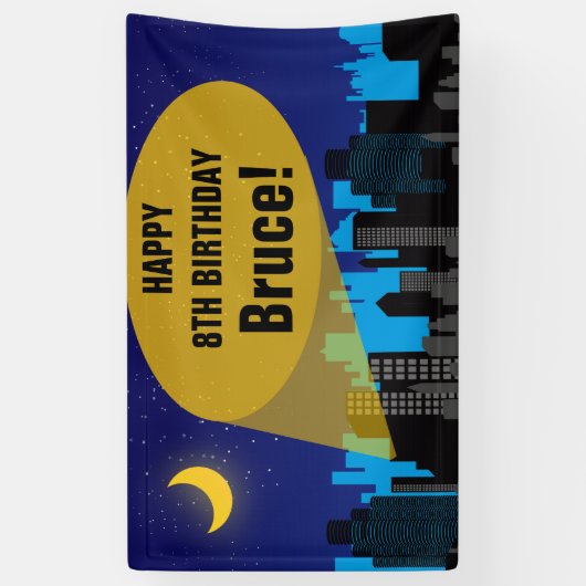 City Night Skyline Superheld Boys Birthday Party Spandoek (Verticaal)