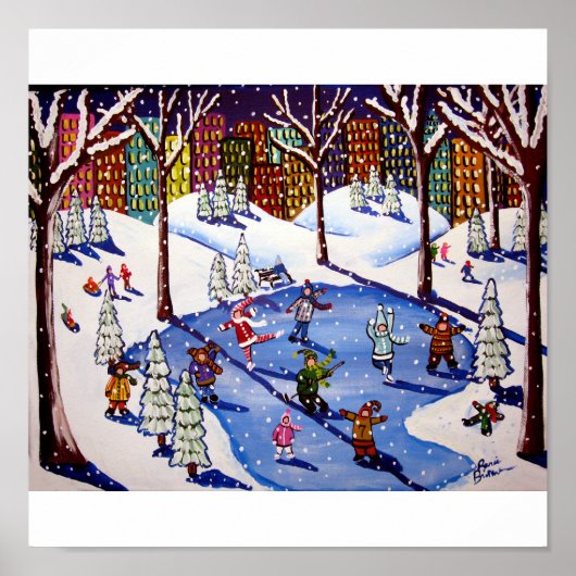 City NYC Ice Skating Fun Winter Folk Art Print (Voorkant)