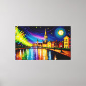 City River Avond Water Kleurrijke Maan Sterren Canvas Afdruk (Voorkant)