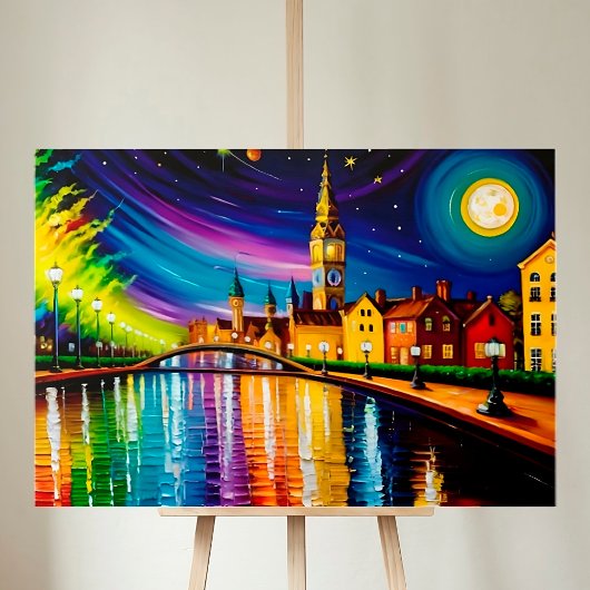 City River Avond Water Kleurrijke Maan Sterren Canvas Afdruk