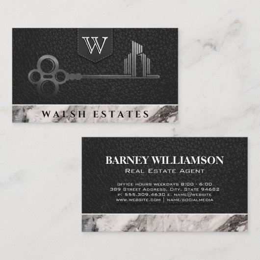 City Skeleton Key | lederen marmer | Monogram Visitekaartje (Voorkant / Achterkant)