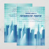 City Skyline Futuristic Party Invitation Kaart (Voorkant / Achterkant)