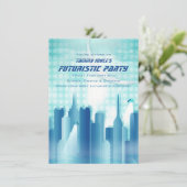 City Skyline Futuristic Party Invitation Kaart (Staand voorkant)