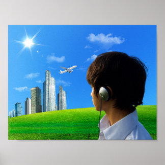 City Skyline Headphones Frutiger Aero Poster