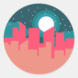 City Skyline Night Ronde Sticker