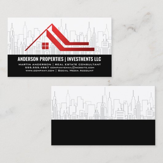 City Skyline | Rode makelaar logo Visitekaartje (Voorkant / Achterkant)