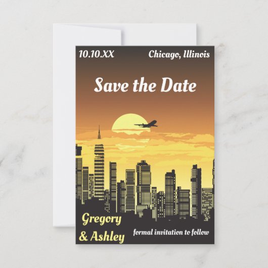 City Skyline Sunset Retro Wedding Save The Date (Voorkant)