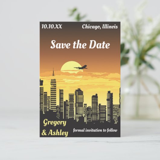 City Skyline Sunset Retro Wedding Save The Date (Staand voorkant)