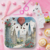 City Skyling Rozen Vlinders en Hete Luchtballon Papieren Bordje (Feest)