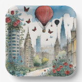 City Skyling Rozen Vlinders en Hete Luchtballon Papieren Bordje (Voorkant)