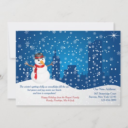 City Snowman Holiday Moving Announcement Feestdagenkaart (Voorkant)