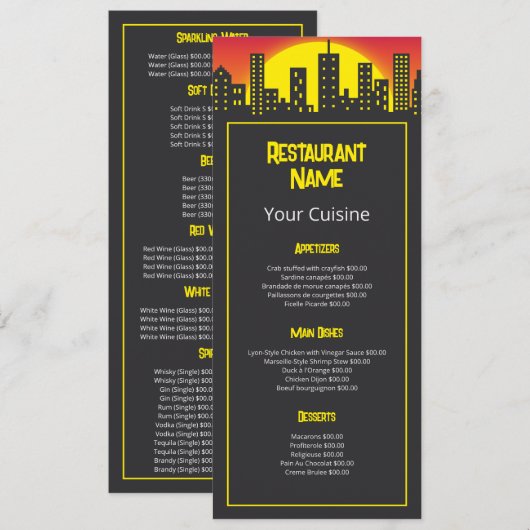 City Sunrise, Restaurant Slank Lijn Menu (Voorkant / Achterkant)