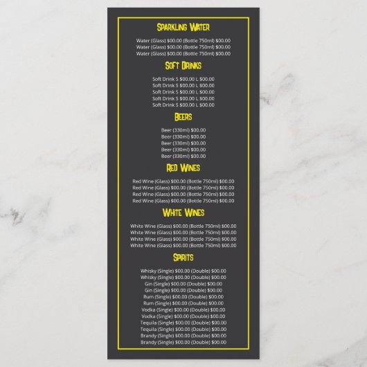 City Sunrise, Restaurant Slimline Menu (Achterkant)