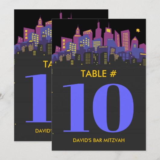 CITYSCAPE Bar Bat Mitzvah Table Number Kaart (Voorkant / Achterkant)