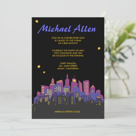 CITYSCAPE Bar Bat Mitzvah Uitnodiging (Staand voorkant)