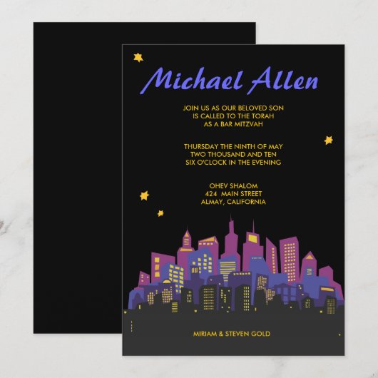 CITYSCAPE Bar Bat Mitzvah Uitnodiging (Voorkant / Achterkant)