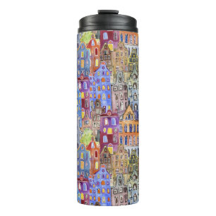 Cityscape huizen, naadloos stedelijk patroon. thermosbeker